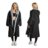 OHS Changing Rain Coat for Adults, Lightweight Breathable Waterproof Jacket for Swimming Surfing Packable Windbreaker Drying Robe with Pockets Active Outdoor Travel Jacket - Black