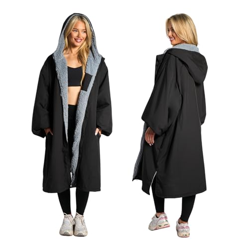 OHS Changing Robe for Men & Women, Oversized Waterproof Privacy Drying Robe Coat with Pockets Fleece Lining Long Sleeve Hooded Jacket for Beach Surfing Lounging - Black, Large