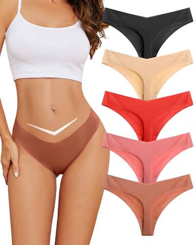 VOENXE Tangas Bragas Mujer Sin Costuras,Talle Bajo V-Waist Women Braguitas Lencería,Sexy Underwear,Microfibra Brasileñas CóModos Ropa Interior, Transpirable Panties,Multi Pack De 5