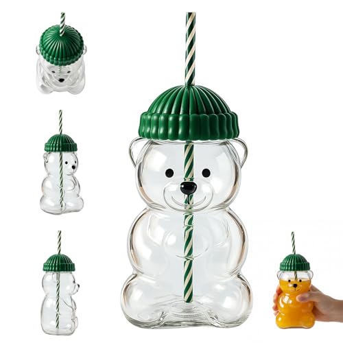 QhgPnt 2025 New Bear Straw Cup Teddy Bears Glass Cup Cute Bear Glass Cups with Green Lids and Straws 15 cm Height Bears Mug for Coffee and Beverages Christmas