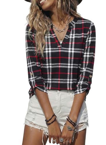Image of Dokotoo Womens Tops Plaid Cotton Cuffed 3 /4 Sleeve Shirts Blouses