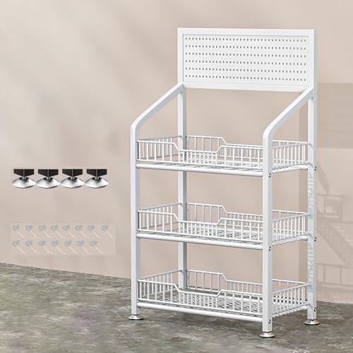 Estante de exhibición portátil para aperitivos con 15 ganchos, soporte de acero para alimentos, bebidas y mercancías, color blanco y negro, 106 cm x 28 cm x 50 cm
