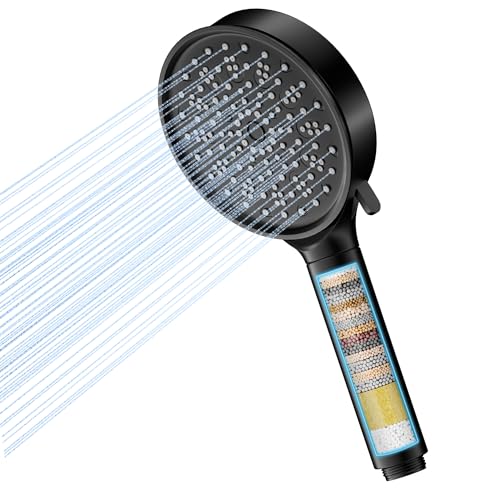 Cobbe Alcachofa de ducha con filtro, Ahorro de agua, Agua dura con filtración en 20 capas, 6 tipos de chorro de alta presión, Cabezal de ducha de ahorro con filtro de cal (Negro)