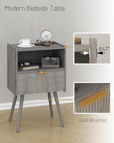 Image of Nightstand,Modern Bedside Table with Storage Drawer and Open Wood Shelf, for Living Room, Bedroom and Small Spaces, Accent Night Stand with Solid Wood Legs, Easy Assembly,Grey Oak