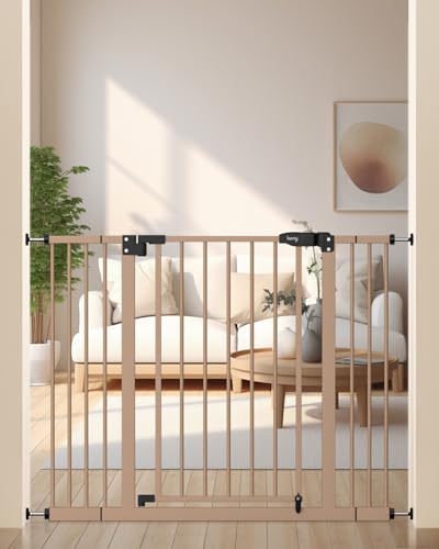 Image of keny 29"-42.5" Baby Gate for Stairs, Auto Close Safety Dog Gate, Pressure Mounted Easy Walk Through Pet Gate for Doorways, Durable Stair Gate, 30" Tall, Brown