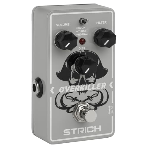 STRICH OVERKILLER Metal Distortion Pedal for Electric Guitar, Compact Mini Unit, True Bypass, 3 Control Knobs, Volume, Filter, Distribution, Three Modes, Solo, Turbo, Normal, 9V DC, Grey White