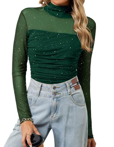 Bridesmay Sparkly Sequin Mesh Tops for Women Long Sleeve Sheer See Through Top Mock Neck