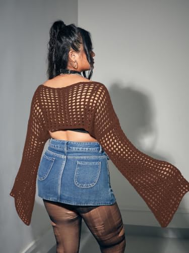 Image of Floerns Women's Plus Size Boat Neck Long Sleeve Crochet Cropped Sweater