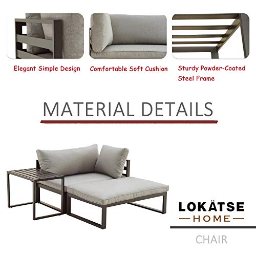 LOKATSE HOME Outdoor Sectional Furniture Patio Conversation Steel Corner Sofa Chair with Cushion and Coffee Table, 3 Piece Set, Grey - Thumbnail 4