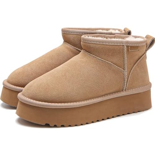 XIXITIAO Mini Boots,Cloud Genuine Suede Ankle Boots for Women,Platform Wool Snow Boots with Memory Foam,Classic Winter Boots for Women,Comfortable Tre