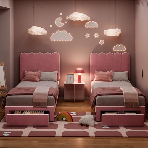 GarveeHome 2 Sets Twin Bed Frame with Under-Bed Drawer, Upholstered Platform Bed with Wave Headboard for Kids/Girls, Wooden Slats Support, No Box Spring Needed, Velvet Pink