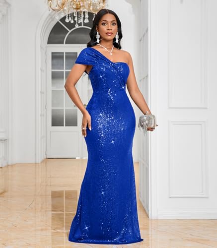 Image of Cololura Women Sexy Sequin One Shoulder Mermaid Formal Party Cocktail Gowns Bodycon Evening Maxi Dress