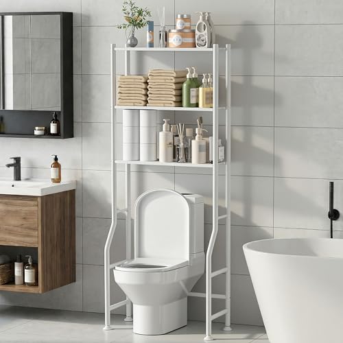 GloTika 3-Tier Over Toilet Storage Rack, Metal Over Toilet Bathroom Organizer Shelf, Freestanding Space Saver Storage Shelves for Bathroom/Laundry/Living Room (White)