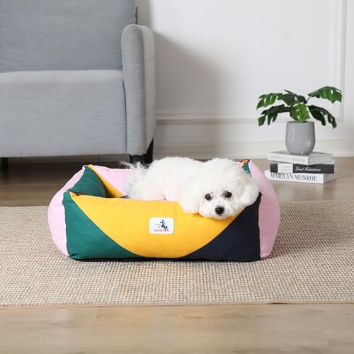 Image of Cotton Canvas Dog Bed, Pink Dog Beds for Small Dogs, Puppy Bed with Washable Removable Cover, Durable 290 GSM Cotton Anti-Chewing Pet Bed with Anti-Slip Bottom (24 inchx20 inchx8 inch, Pink&Yellow&Green)