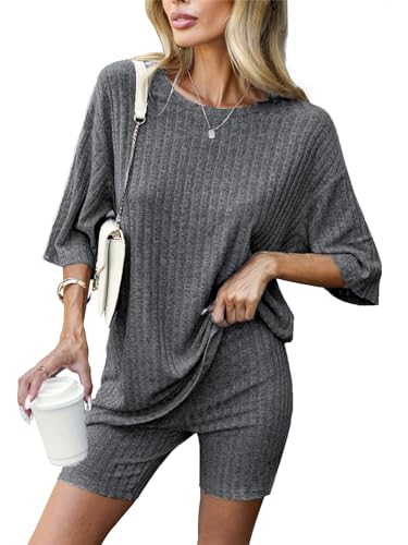 Zetieny Chándales de Mujer Conjunto de 2 Piezas Conjunto de Manga Corta y Pantalón Corto Pijama Casual Solid Verano