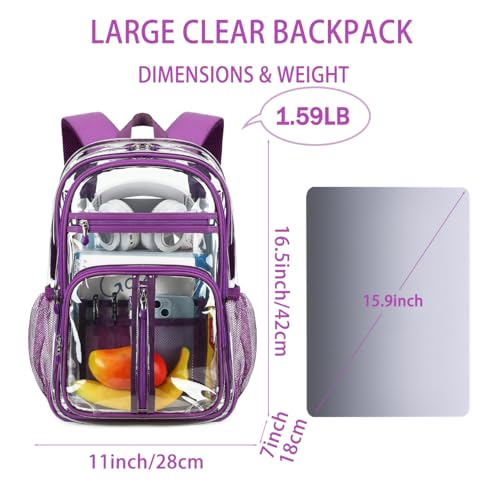 Image of Cusangel Large Clear backpack for Girls,16in See Through Heavy Duty Bookbag | Big Capacity Transparent bulk Plastic Bag For Stadiums,School,Warehouses,Concert venues Airport security checkpoints(Purple)