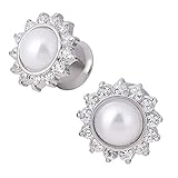 Longbeauty Silvery Stainless Steel Petals Diamond White Pearl Opal Single Flared Flesh Ear Tunnels Plugs Stretcher Expander Gauge 00g