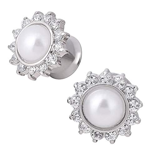 Longbeauty Silvery Stainless Steel Petals Diamond White Pearl Opal Single Flared Flesh Ear Tunnels Plugs Stretcher Expander Gauge 9/16" by Longbeauty - Used condition - US$9.49