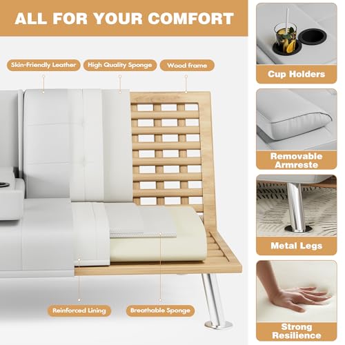 image for JUMMICO Faux Leather Futon Sofa Bed Futon Couch with Removable Armrest