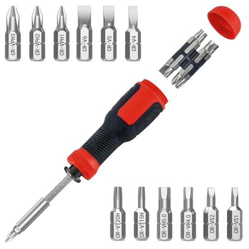 Multi-bit Screwdriver, 13-in-1 Screw Driver Adjustable Mini Screwdriver Set Multitool All in One with Torx Security, Phillips, Hex, Flat Head, Square and 1/4 Nut Driver (Red)