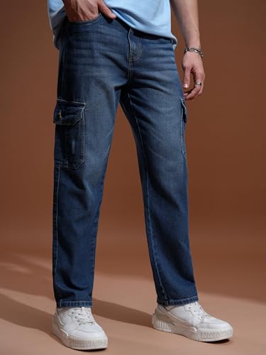 Image of Highlander Men's Relaxed-Fit Cargo Pocket Jeans | Clean Look | Cotton Comfort | Utility Style| Jeans for Man