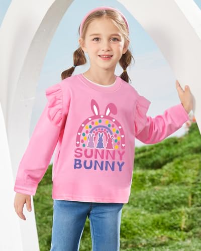 Image of Tkria Toddler Girls Happy Easter T-Shirt Bunny Eggs Ruffle Long Sleeve Shirt Kids Tee Top 2-7T