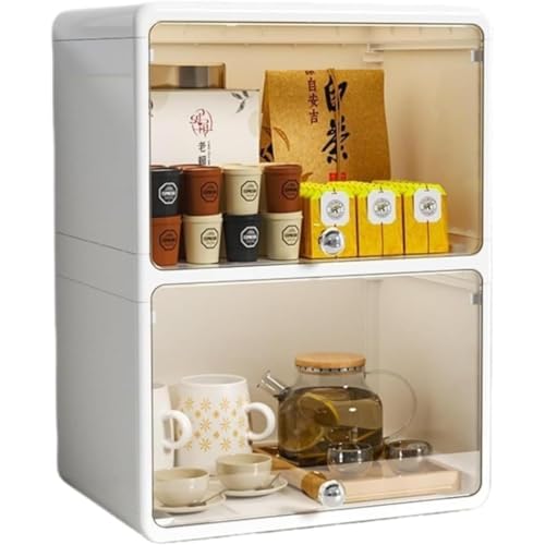 FiveLn ミニカップボードカウンター上収納コップ 食器棚 防塵 防湿 扉付き 多機能 お茶碗ボックス 大容量 簡単 化粧品 小物 透明扉付き 一段二段三段 雑貨 仕切り 台所 家庭用 (L-2,ホワイト)