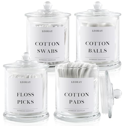 LEORAY 4 Pack Glass Qtip Holder Dispenser with Lids, Airtight Waterproof Apothecary Jars, 16 Oz Vanity Organizer Bathroom Canisters for Cotton Swabs, Balls, Pads, Floss Picks, Transparent