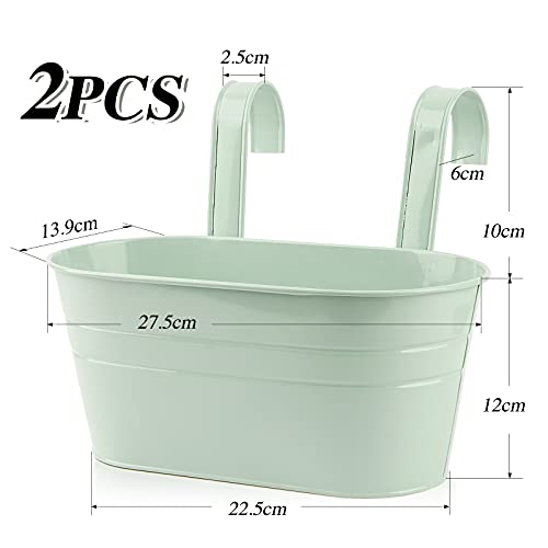 ABSDON Metal Hanging Flower Pots with Detachable Hook Colorful Plant Pot Wall Planter Bucket for Fence Balcony Garden Ornament Home Decor (Grayish green, 2 Pcs)
