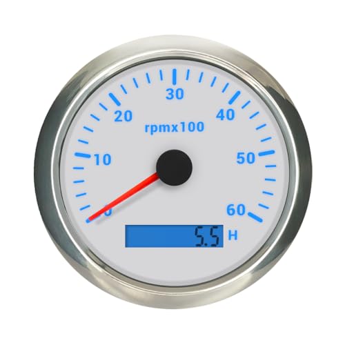 Alternator Tachometer 6K RPM Gauge 85mm REV Counter Hourmeter Waterproof with 7 Adjustable Backlights 12VDC 24V for Car Motorcycle Boat Yacht (White&Silver, 0-6000RPM)