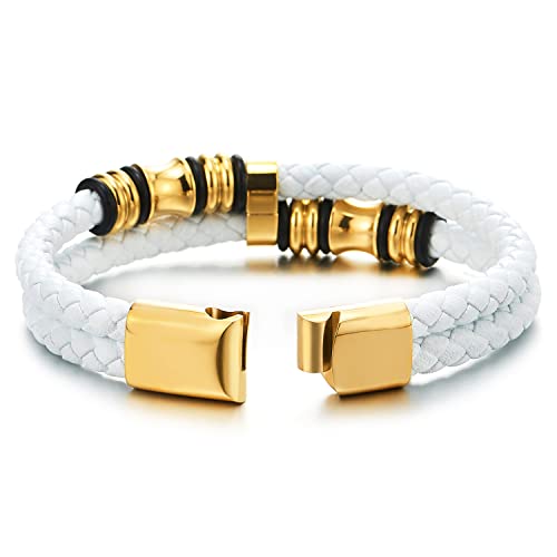Coolsteelandbeyond Mens Double-Row White Braided Leather Bracelet Bangle Wristband With Gold Stainless Steel Ornaments #TOP2