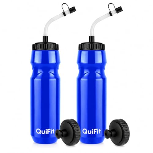 QuiFit Lacrosse Water Bottle with Long Straw -32oz Hockey Water Bottle 2 Pack with 2 Lids Each- BPA Free Squeeze Sports Water Bottles Leakproof Dishwasher Safe- for Helmet Lacrosse (Blue)