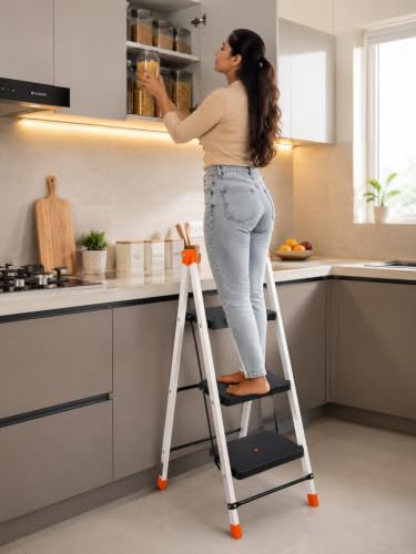 Image of CIPLA PLAST Polo 3 Step Heavy-Duty Foldable Steel Ladder, Non-Slip Steps, for Home, Office, Kitchen & Outdoor Use with Safety Lock, Anti-Slip Steps