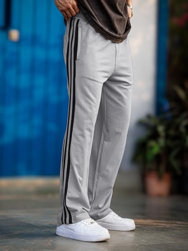 Image of Men's Track Pants with White Side Stripes | 4-Way Lycra Twill Polyester Straight Relaxed Fit Joggers | Mid-Rise Flexi Waist Lounge Bottoms