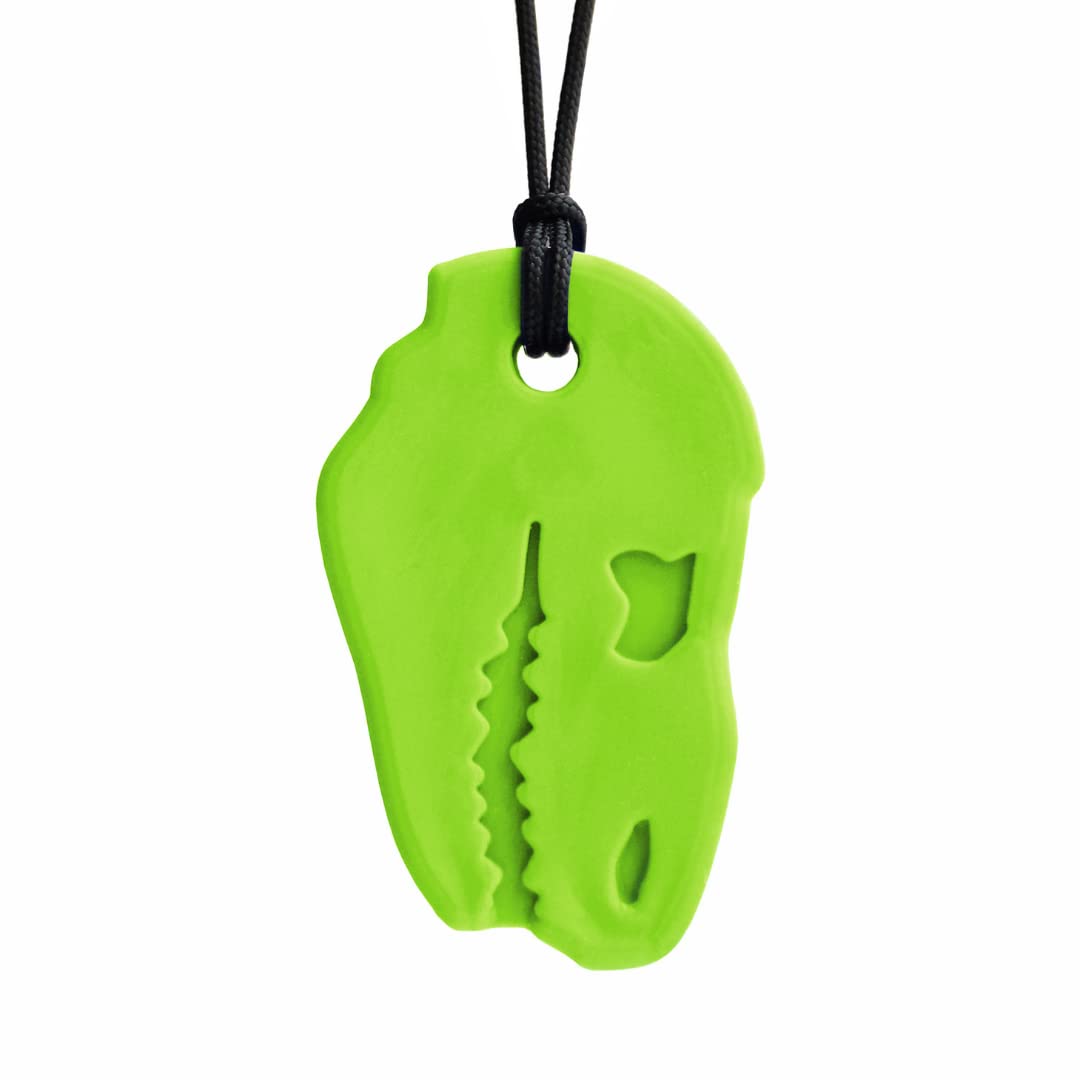 ARK® Kauhalskette Prehistorisch in verschiedenen Stärken und Formen mit einstellbarer Abreißleine und Logostar® Praxisleitfaden - Sensory Halskette, Beißblock, Kauen, Zahnen (Dino, mittel, hellgrün)