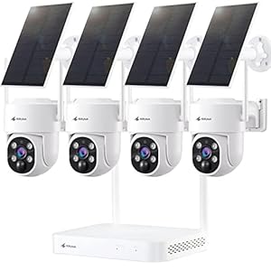 Kittyhok Solar Security Cameras Wireless Outdoor System | 4pcs 2K Ultr HD Pan Tilt Home Solar Security Camera with Human Detection, Spotlight | 10CH Smart NVR, 60 Days Local Storage (White PT Kit)