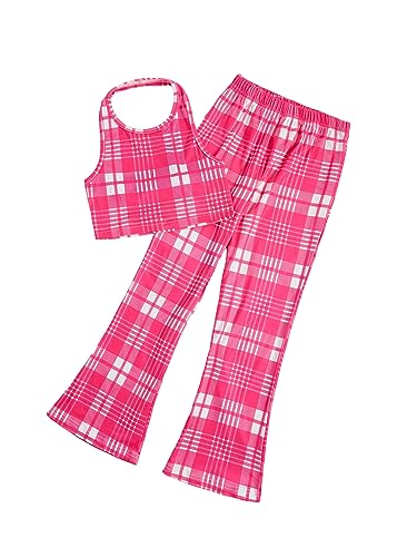 Image of WDIRARA Toddler Girl's 2 Piece Outfits Plaid Halter Neck Tank Top and Flare Leg Pants Set