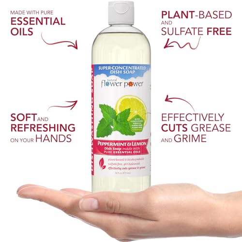Image of Natural Flower Power - Plant-Derived Dish Soap - Sulfate-Free, Bio-Based, pH-Balanced, Vegan Cleaning Supplies - Peppermint & Lemon - 3 x 16 oz