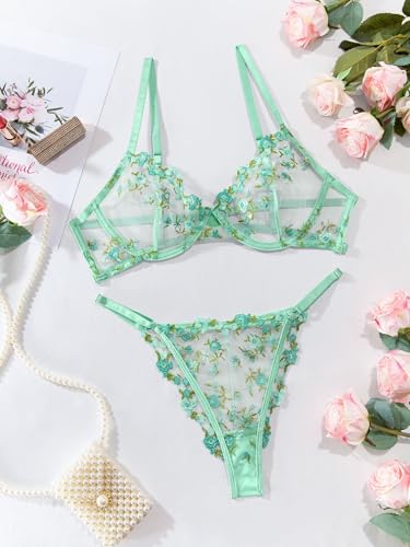 Image of Lilosy Sexy Floral Embroidered Mesh Sheer Underwire Lingerie Set