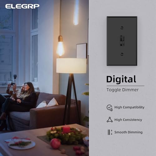 Image of ELEGRP Digital Toggle Dimmer Switch for Dimmable LED, CFL and Incandescent Light Bulbs, Single Pole or 3-Way Toggle LED Dimmer Light Switch, Wall Plate Included, UL Listed, 10 Pack, Black