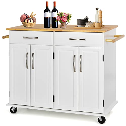 COSTWAY Carro Rodante para Isla de Cocina con Encimera de Madera, Carro Utilitario de Comedor de 4 Puertas con Estantes Ajustables, 2 Cajones Grandes, Toallero, Gabinete con Ruedas (Blanco)