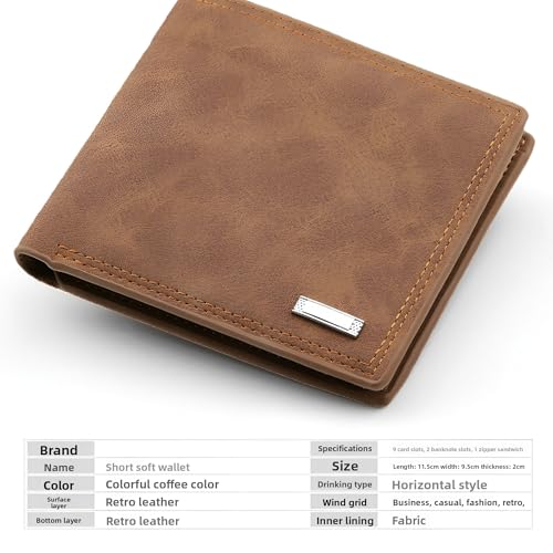 Men's Multifunctional Short Wallet - Genuine Leather Business Casual Wallet With Zipper Compartment & 12 Card Slots, Lightweight, Portable(Brown)3