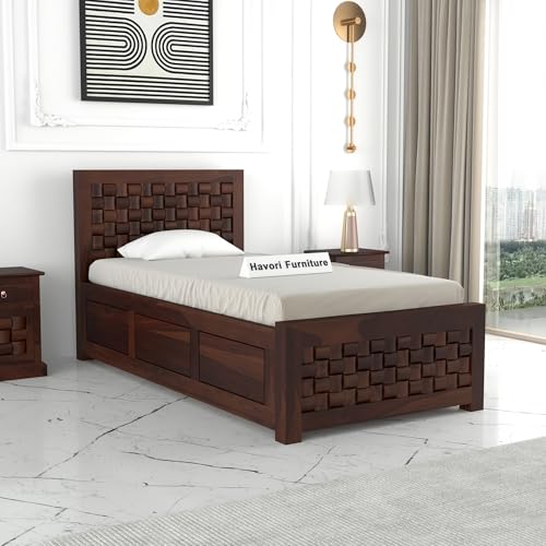 Image of Solid Sheesham Wood Single Size Bed with Box Storage for Bedroom Living Room Single Cot for Home Wooden Palang for Hotel (Walnut, Size 6 * 4)