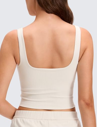 Image of CRZ YOGA Ribbed Henley Crop Tank Tops | Medium Support, Removable Pads, Casual, Square Back, Wide Straps, Longline Sports Bras for Women