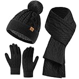 Winter Beanie Hat Scarf Gloves Touchscreen Gloves Long Neck Scarf Set with Fleece Lined Skull Caps Gifts for Women