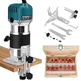 Palm Router Tool, 800W 30000Rpm Woodworking Hand Router with Trimmer Base & 15Pcs 1/4"(6.35mm) Router Bits Set, 6 Variable Speeds Handheld Wood Trimmer Router with Straight Guide, 220V