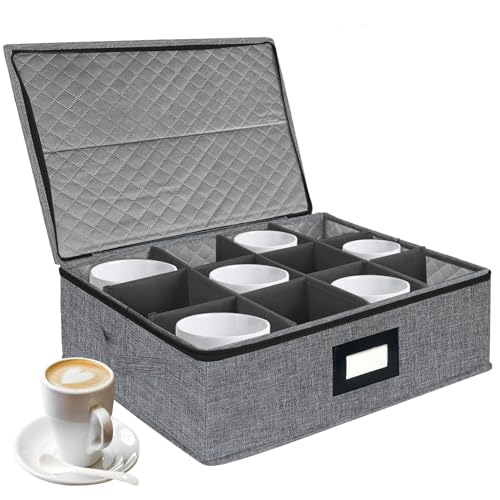 VERONLY Caixa de armazenamento de caneca e copo com divisórias, estojo de armazenamento de caneca de café, recipientes de armazenamento da China, capa dura com tampa e alças, empilhável para 12
