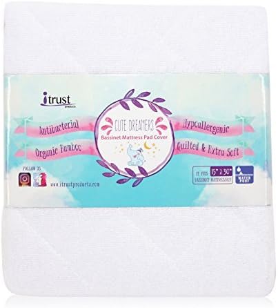 Bassinet Mattress Pad Organic Bamboo Cover - Rectangular and Oval Mattress Fit (30" x 15") - Breathable Quilted Waterproof Protector