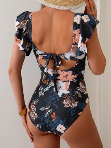 Image of Eomenie Womens Ruffled One Piece Swimsuit Slimming Tummy Control Bathing Suit V-Neck Cutout Swimwear for Resort Wear