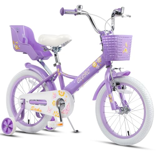 Glerc Bicicleta Infantil para Niñas 16 Pulgadas para Niños de 4 5 6 7 8 Años con Ruedines & Asiento de Muñeca & Cesta, Morado